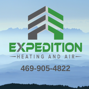 $0 Diagnostic Fee With Repair Expedition HVAC logo with green and gray graphic elements, featuring "EXPEDITION HEATING AND AIR" and contact number 469-905-4822 against a blue sky and mountain backdrop, representing HVAC services in Texas.
