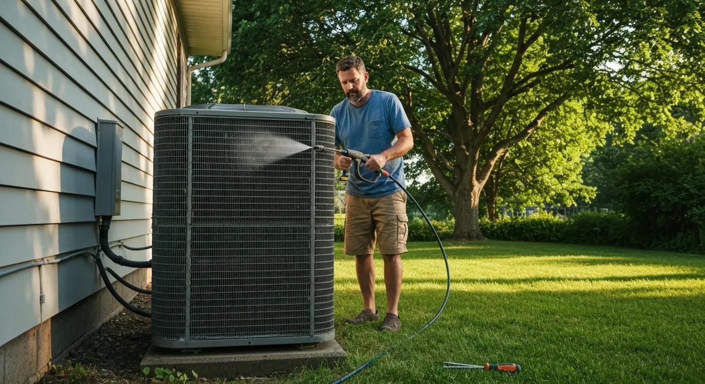 Homeowner cleaning an outdoor AC condenser unit with tools