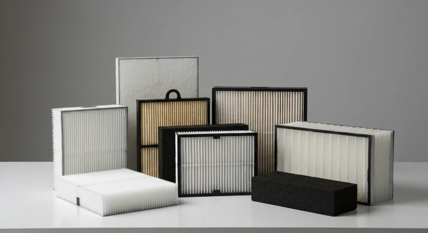 Different types of air filters for HVAC systems displayed on a table
