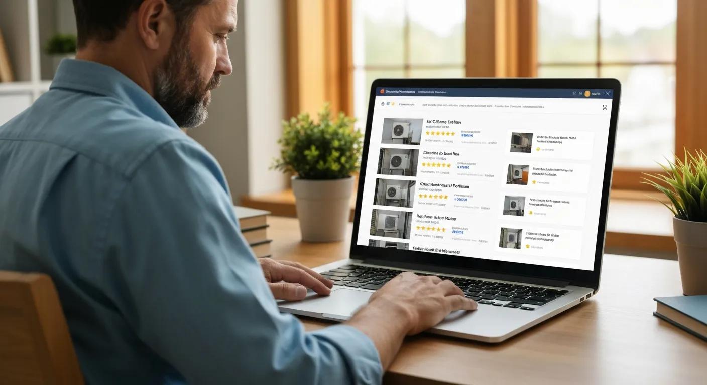 Homeowner researching AC service providers online, focusing on reviews and certifications