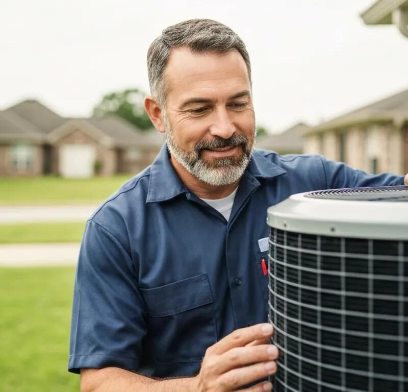 HVAC technician inspecting an air conditioning unit in a residential setting, emphasizing affordable AC service solutions and energy efficiency.