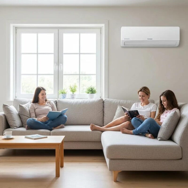 Family enjoying comfort in a well-cooled living room with a modern air conditioning unit