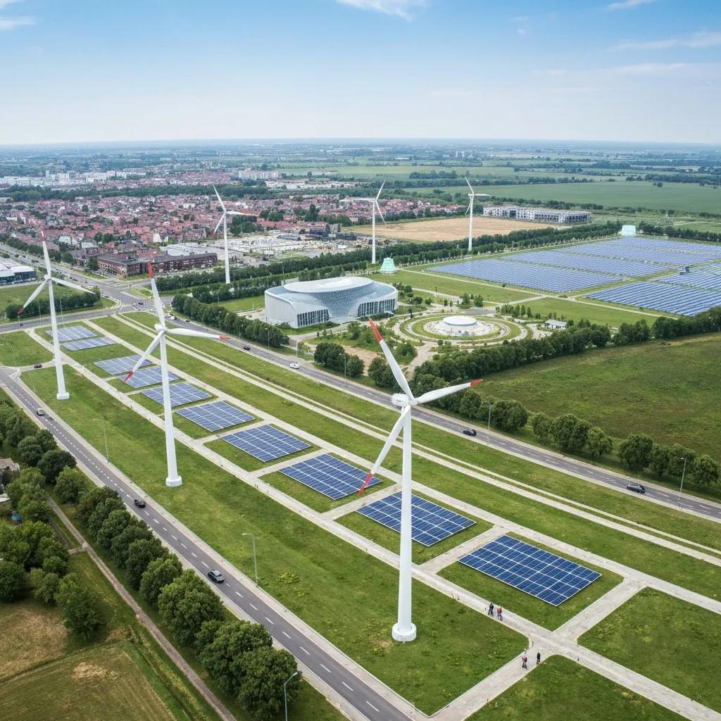 Aerial view of a sustainable energy facility featuring wind turbines and solar panels, highlighting renewable energy solutions for efficient HVAC systems.