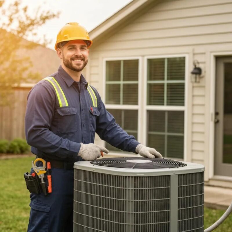 HVAC technician repairing air conditioning unit in Garland Texas