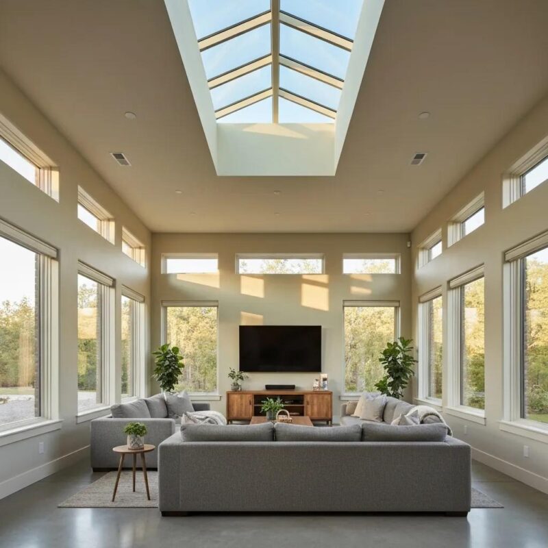 Modern living room with large windows and skylight, featuring energy-efficient HVAC system, comfortable gray sectional sofa, wooden TV stand, and indoor plants, emphasizing home comfort and air quality.