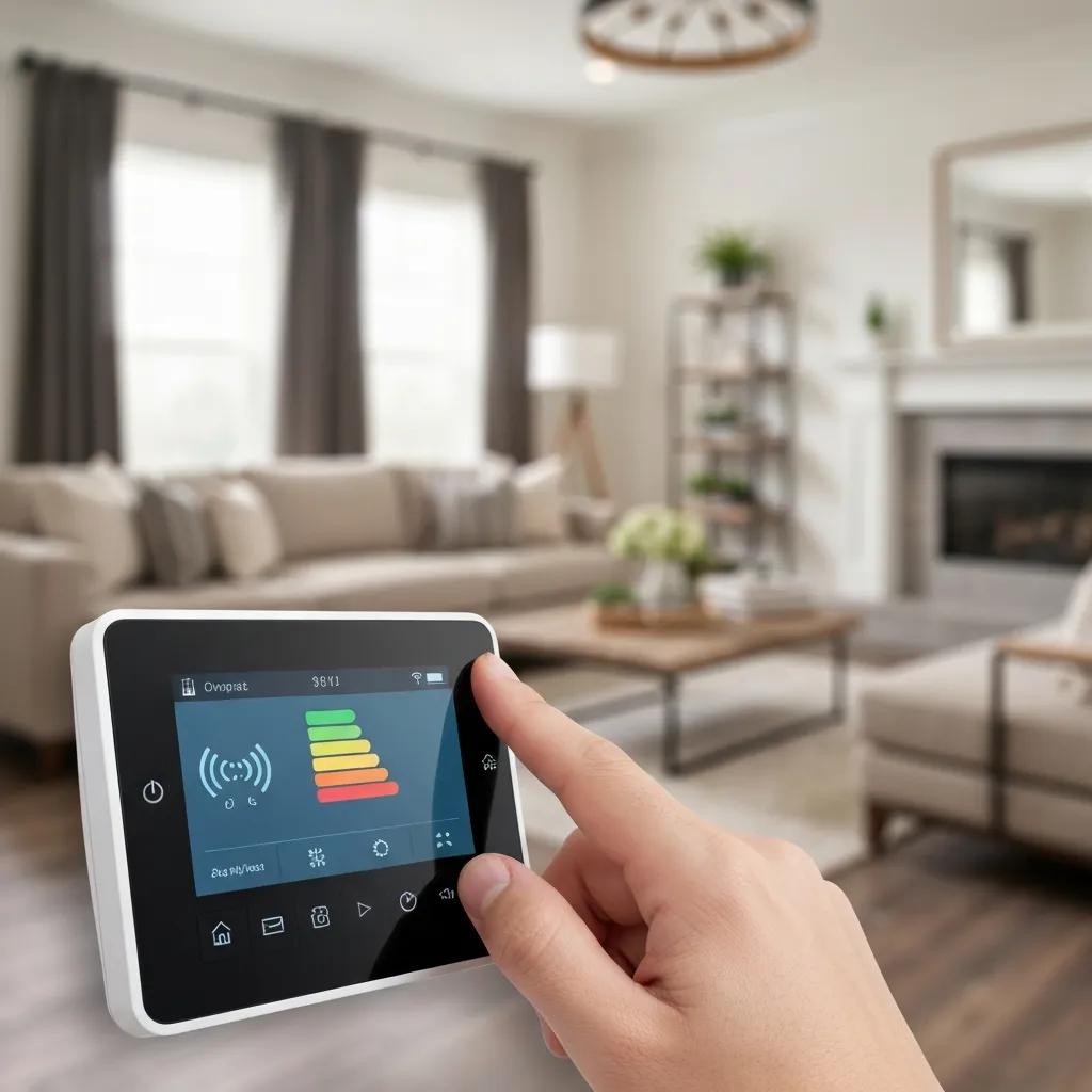 Smart thermostat in a modern Texas home, displaying energy-saving features and user interface, with a cozy living room setting in the background.