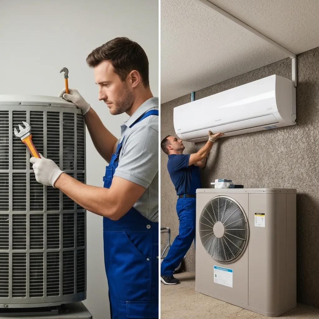Technician evaluating an old AC unit versus a new high-efficiency air conditioning system installation