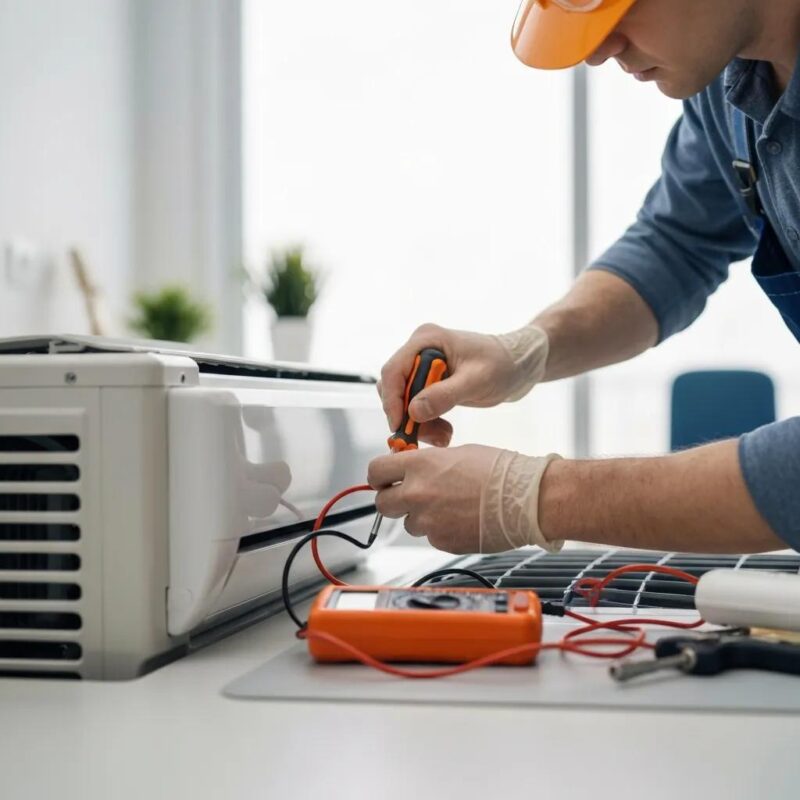 Technician performing air conditioning maintenance with tools in a clean workspace