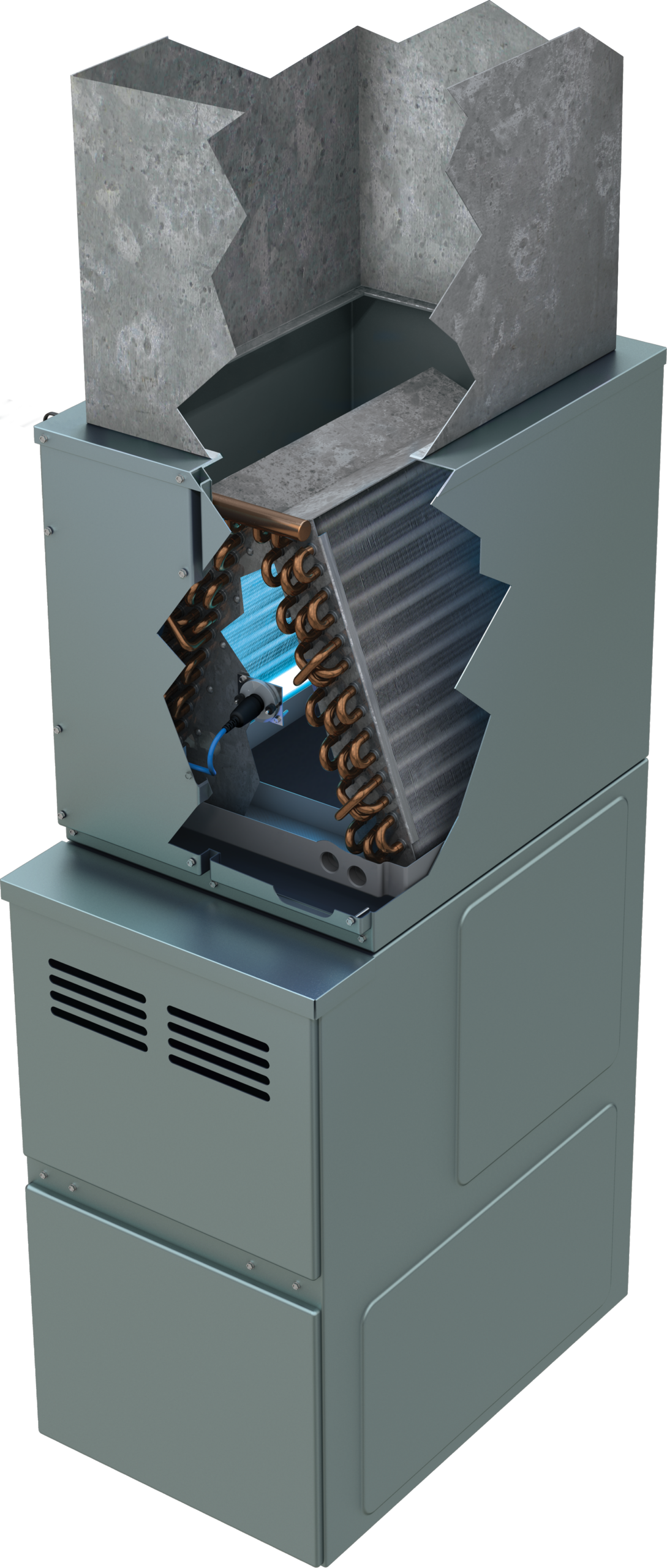 Blue-Tube UV light installed inside HVAC furnace cutaway showing ultraviolet light sterilization
