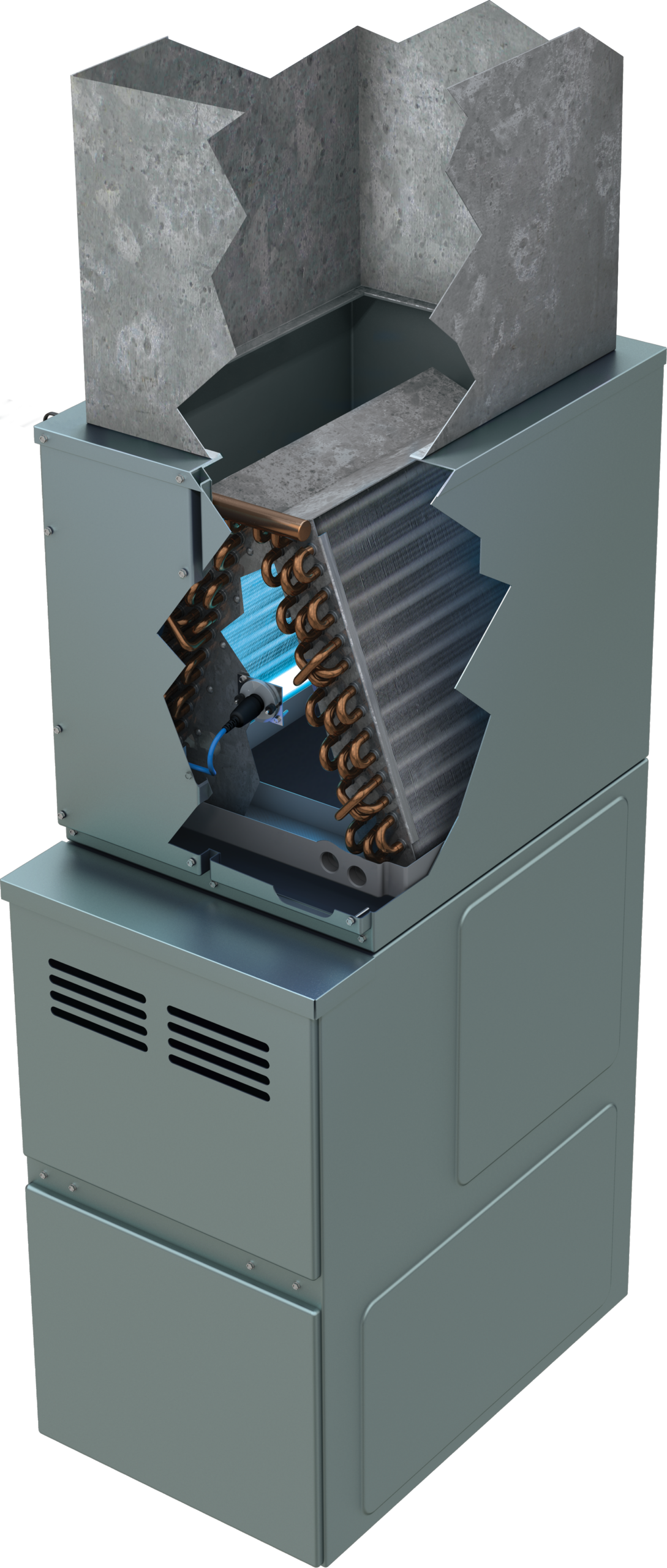 Blue-Tube UV light installed inside HVAC furnace cutaway diagram showing UV light placement on evaporator coil